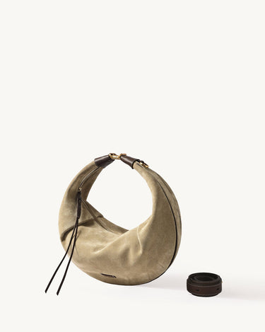 Large Luna Hobo Bag in dune suede with dark brown leather accents and a detachable strap.