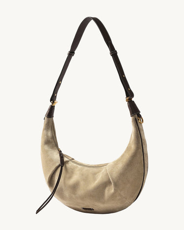 Large Luna Hobo Bag in Dune Suede with dark brown leather strap and details.