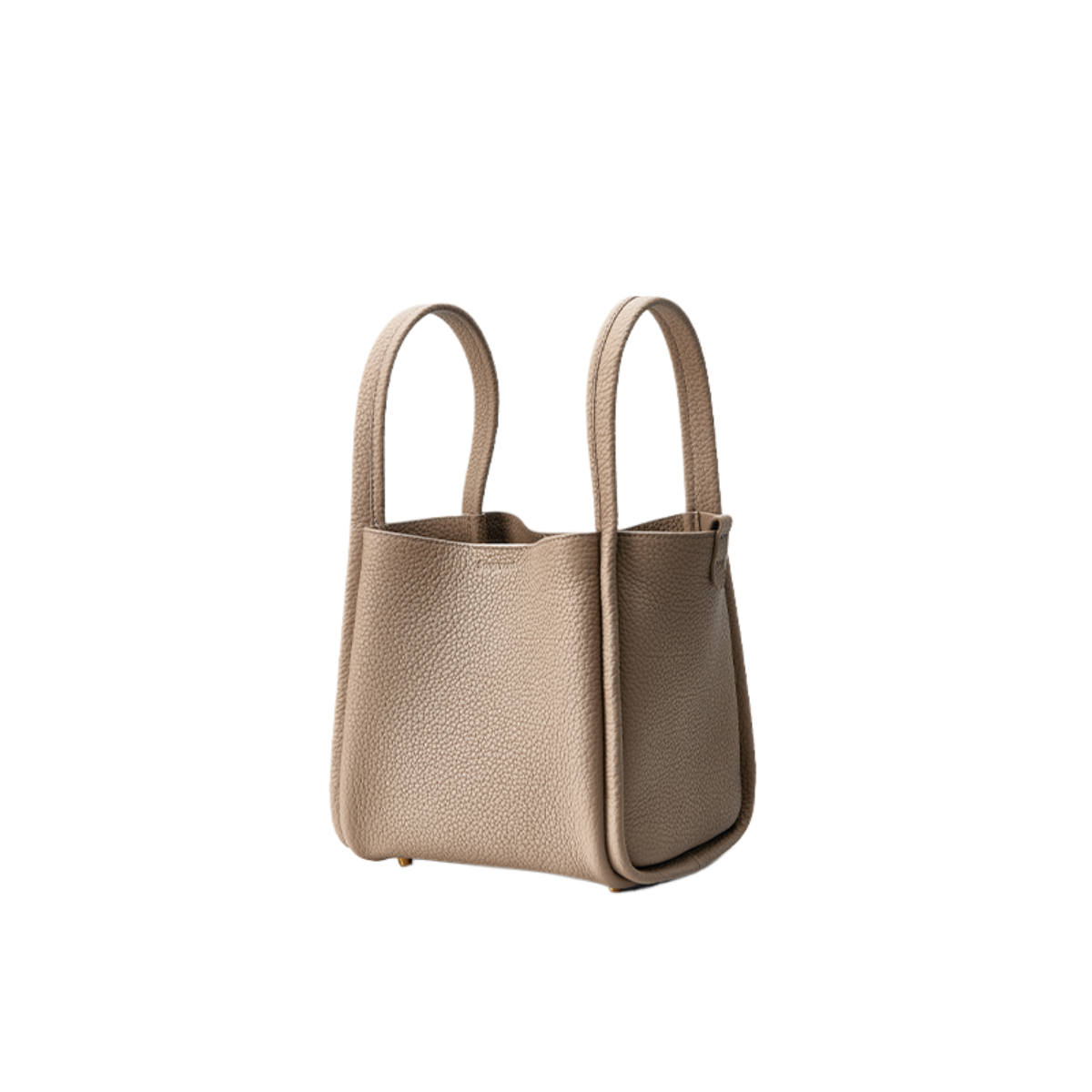 A small pebbled leather handbag in a warm taupe-beige color, featuring two top handles and a structured rectangular silhouette, shown against a plain white background.