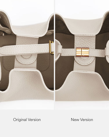 Medium Song Bag taupe: Original vs. New version interior strap and lock detail in full-grain leather.