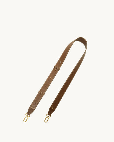 Brown leather shoulder strap for Medium Yore Duffle Bag with gold hardware.