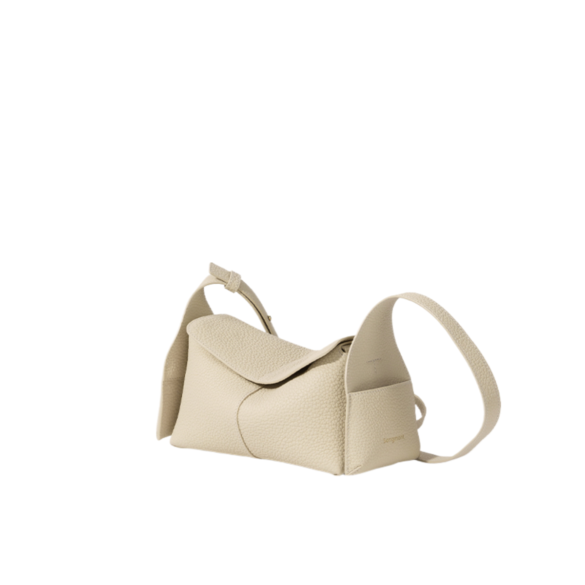 A light beige pebbled leather shoulder bag with a flap closure and a matching adjustable shoulder strap, shown against a plain white background.