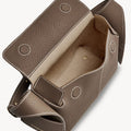 Taupe Mini Drippy Roof Bag with open flap showing interior and white stitching.