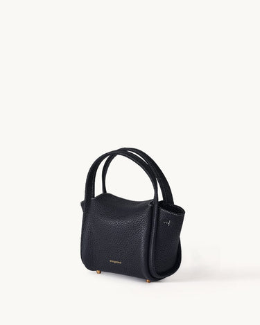 Mini Song Bag in Onyx black full-grain leather with gold embossed logo and hardware.