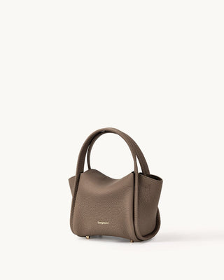Taupe pebble-grain leather Mini Song Bag with gold embossed logo and top handles.