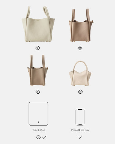 Mini Song Bag in Taupe and Ivory in sizes L, M, S, and MI, with size comparisons to an 11-inch iPad and iPhone 14 Pro Max.