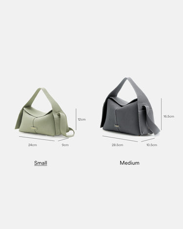 Small drippy roof bag in light green next to medium bag in grey, with dimensions shown for both.