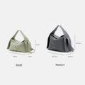 Small and medium full-grain leather drippy roof bags in green and grey with dimension labels.
