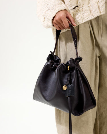 Ebony Small Gather Bag Set in Nappa Leather with braided straps and gold charm detail.