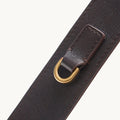 Close-up of the ebony Small Gather Bag Set strap, showing a brass D-ring detail on full-grain nappa leather.
