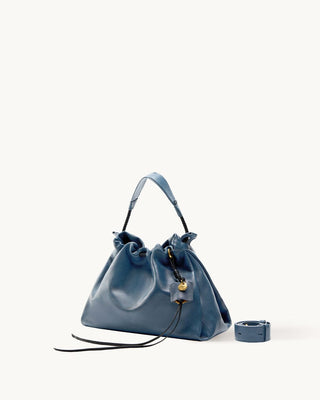 Navy Small Gather Bag Set with drawstring, leather strap, and gold charm.