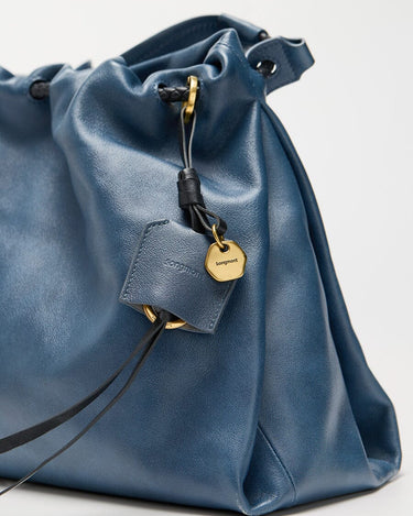 Navy Small Gather Bag Set in full-grain Nappa leather with gold hardware and Songmont logo charm.