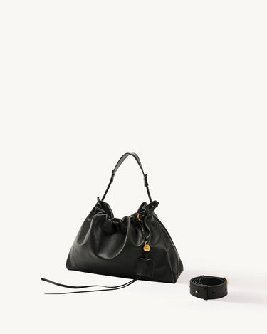 Black leather Small Gather Bag Set with braided handle and adjustable strap.