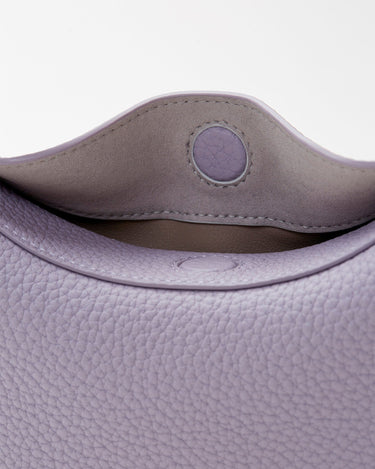 Light purple Small Luna Bag interior with suede lining and magnetic snap closure