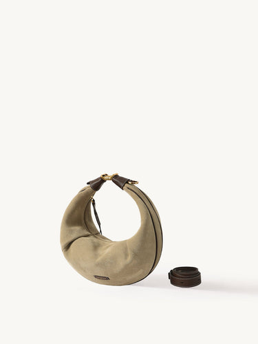 Medium Luna Hobo Bag in Dune Suede, featuring cow suede and leather details with an adjustable strap.