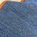 Blue denim Small Shan Satchel Bag with brown leather trim and visible stitching.