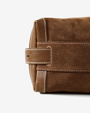Small Yore Hobo Bag in Sandal Suede with contrast stitching and suede texture.