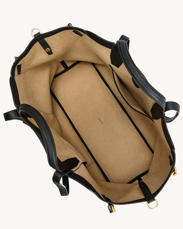 Small Yore Tote Bag in Onyx: Full-grain leather exterior, tan interior with pockets. Open top design.