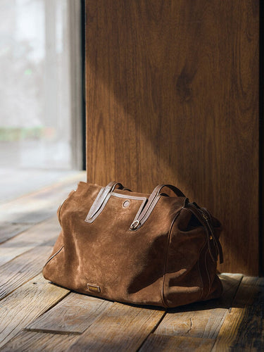 Medium Yore Duffle Bag, Sandal Suede: brown cow suede, leather trim, stainless steel hardware.