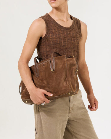Medium Yore Duffle Bag, Sandal Suede cow suede with leather trim and stainless steel hardware.