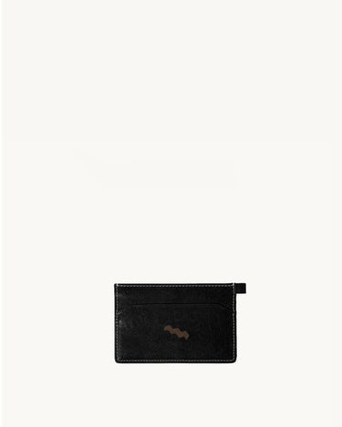 Yore Card Holder: Onyx black leather, white stitching, embossed logo. Holds cards.