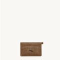 Yore Card Holder: Vegetable-tanned leather, brown, stitched edges, black embroidered logo.