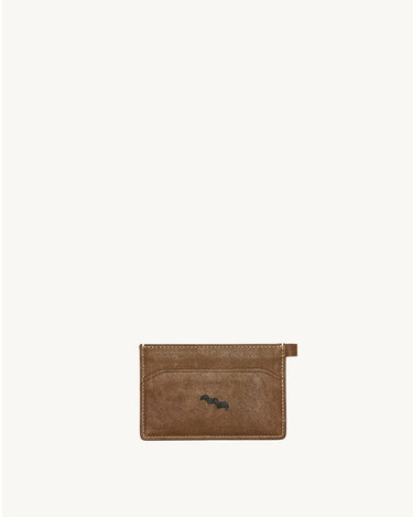 Yore Card Holder: Vegetable-tanned leather, brown, stitched edges, black embroidered logo.
