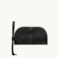 Black vegetable-tanned leather Yore glasses case with white stitching and lanyard