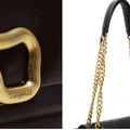 Medium Chocolate Bag with gold buckle and chain strap, made of calf leather.