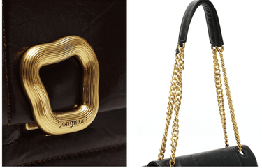 Medium Chocolate Bag with gold buckle and chain strap, made of calf leather.
