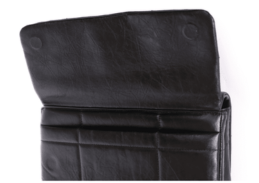 Black quilted calf leather bag interior flap with snap closure